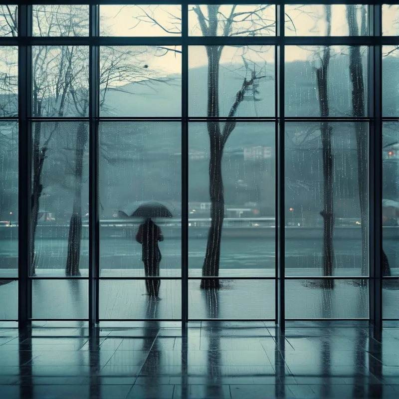 Person with umbrella stands outside wet gridded glass, bare trees and dim lights visible in the misty distance.