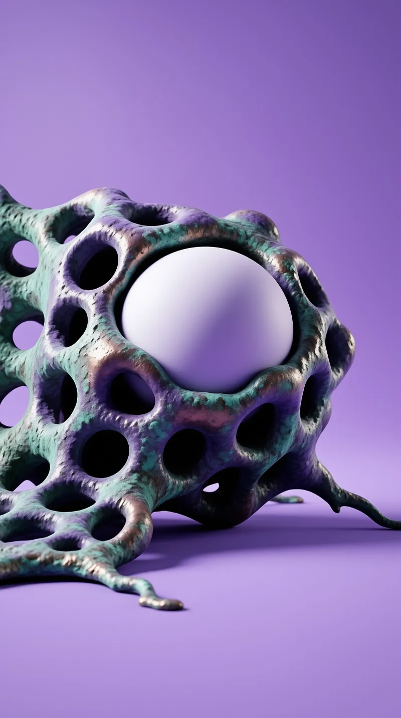 An iridescent porous structure with numerous holes rests on a purple surface, cradling a smooth white sphere.