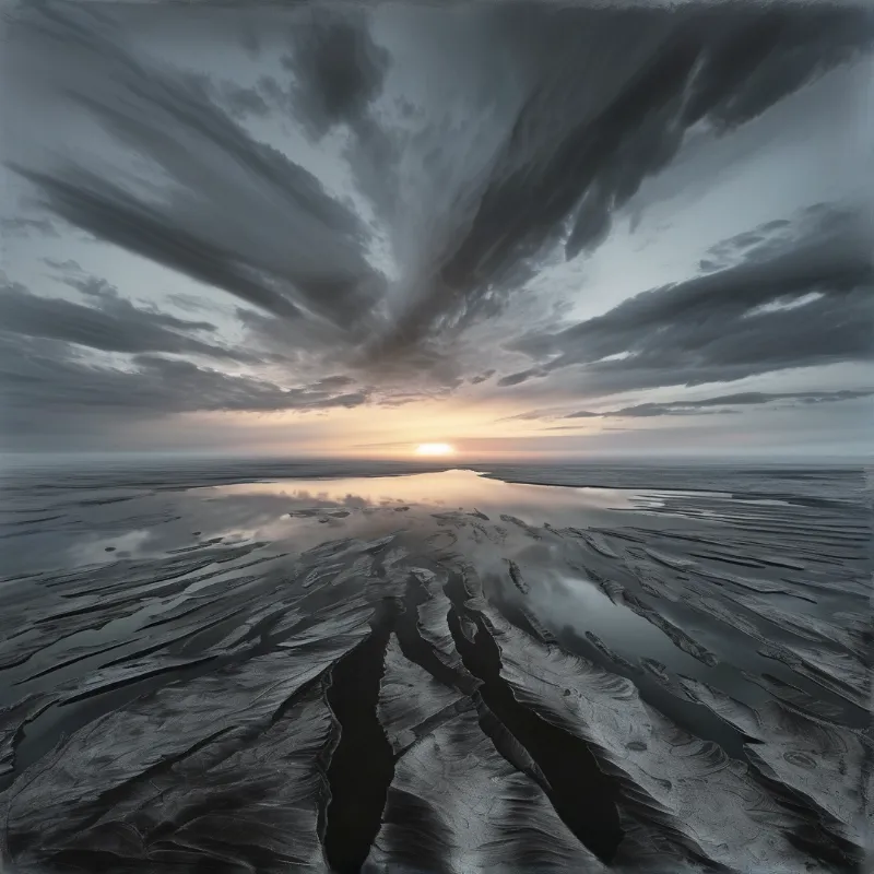 A vast expanse of rippled ground stretches toward a glowing horizon beneath a heavy canopy of dark streaky clouds.