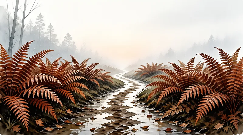 A watercolor painting shows rust colored bracken flanking a shallow stream that fades into pale fog with pine silhouettes.