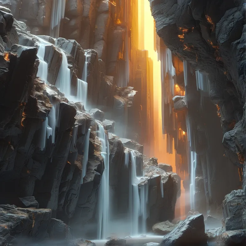 Waterfalls stream down steep vertical rock faces as bright golden sunlight shines through a central gap.