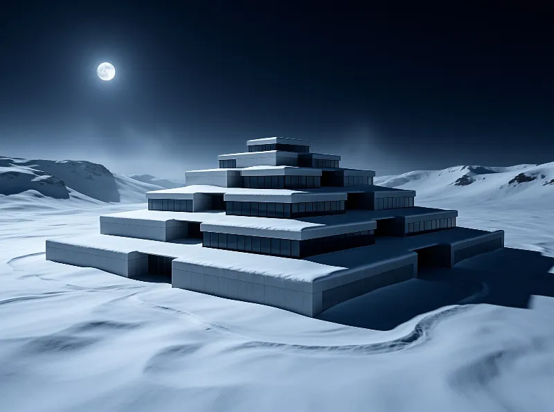 A tiered concrete structure sits amidst rolling white dunes under a dark blue night sky illuminated by a bright full moon.