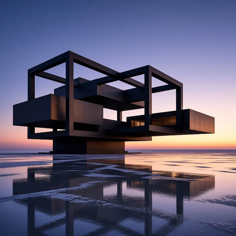 Geometric building stands on a reflective salt flat under a gradient dusk sky with warm horizon light