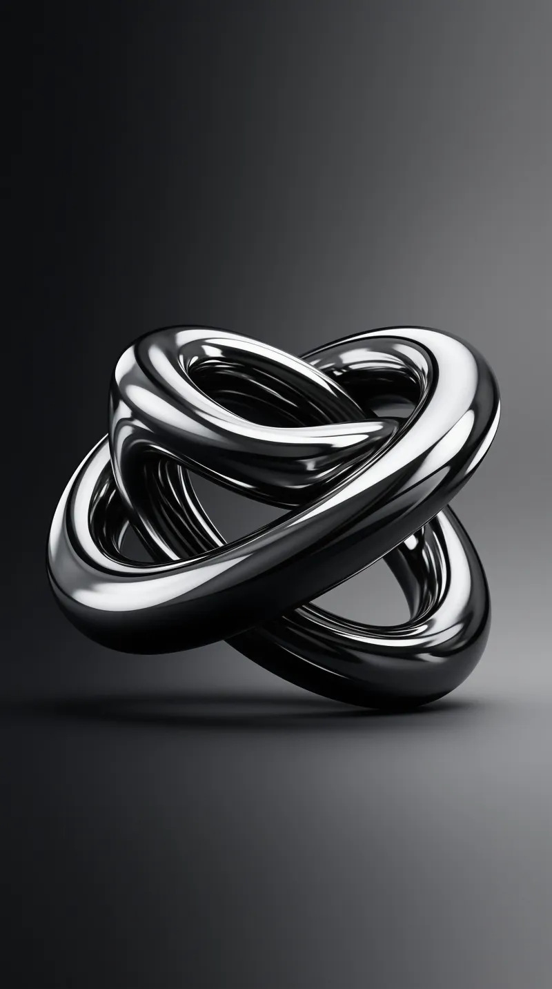 Shiny metallic knot shape floating against dark gray gradient background with strong reflections.