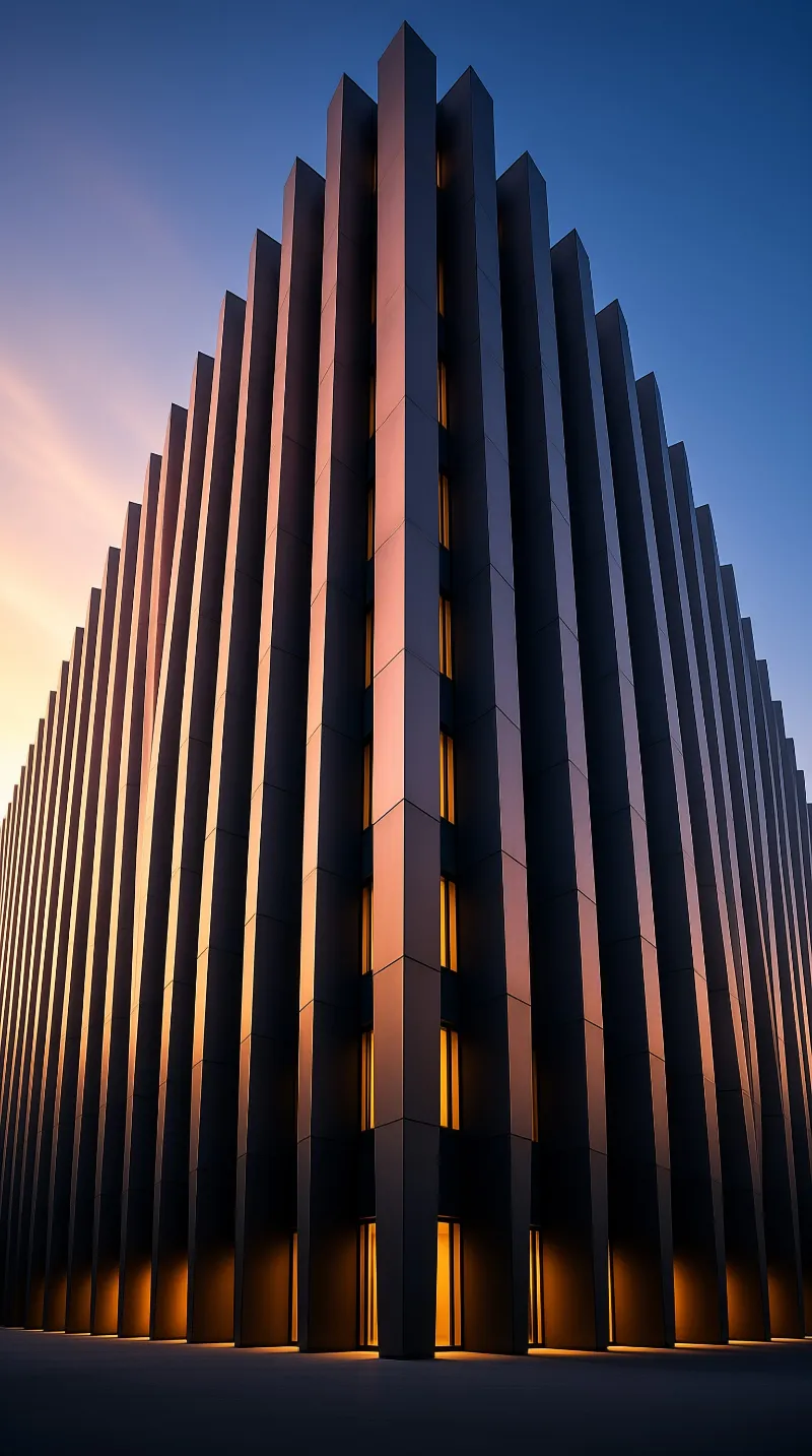 Rows of slender cladding panels warm to orange as dawn light climbs a shadowed building corner.
