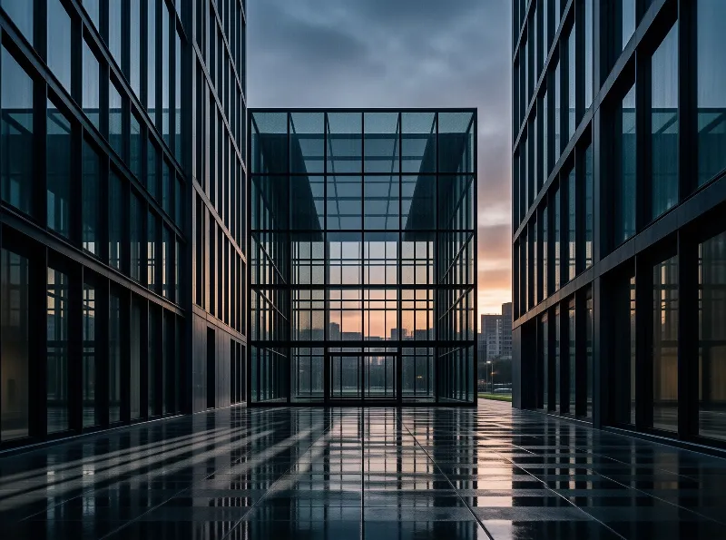 A mirrored glass pavilion floats between office towers above wet stone tiles glowing with dusk reflections.
