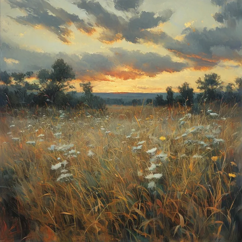 A painted landscape showing a field of wildflowers under a dramatic sky glowing with orange sunset light and dark clouds.
