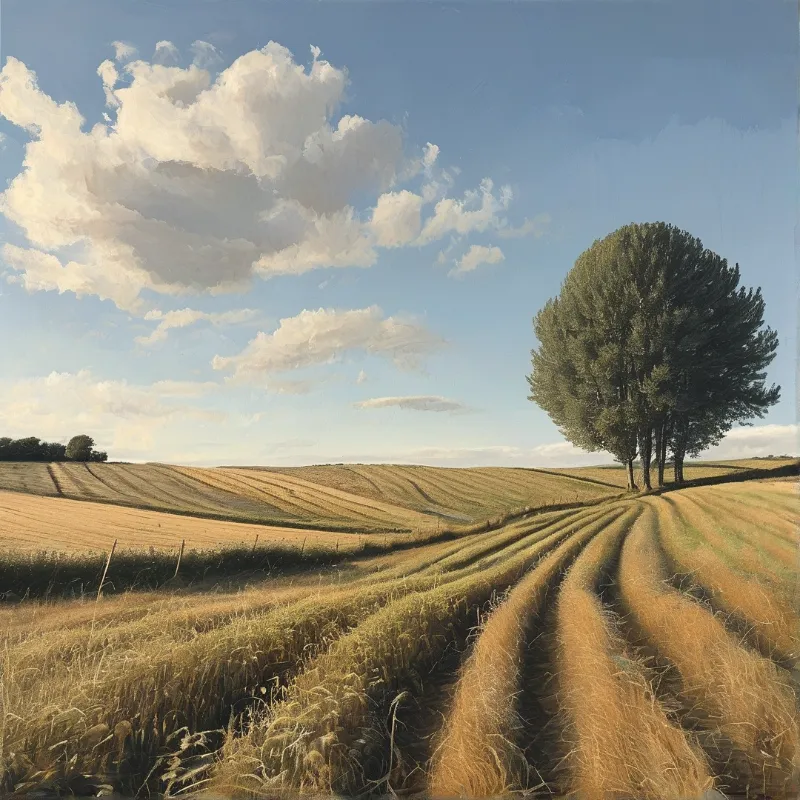 Rolling farmland stretches toward green trees beneath a vast blue sky filled with large white clouds.