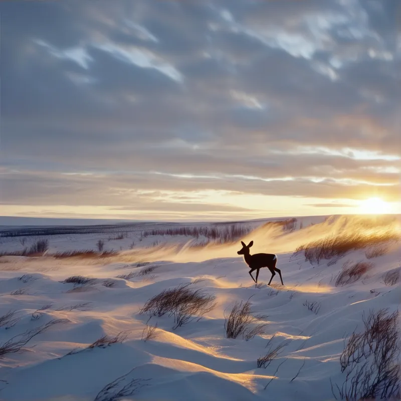 A deer runs across a snow-covered field illuminated by low sunlight while golden rays hit the dry grasses in the foreground.