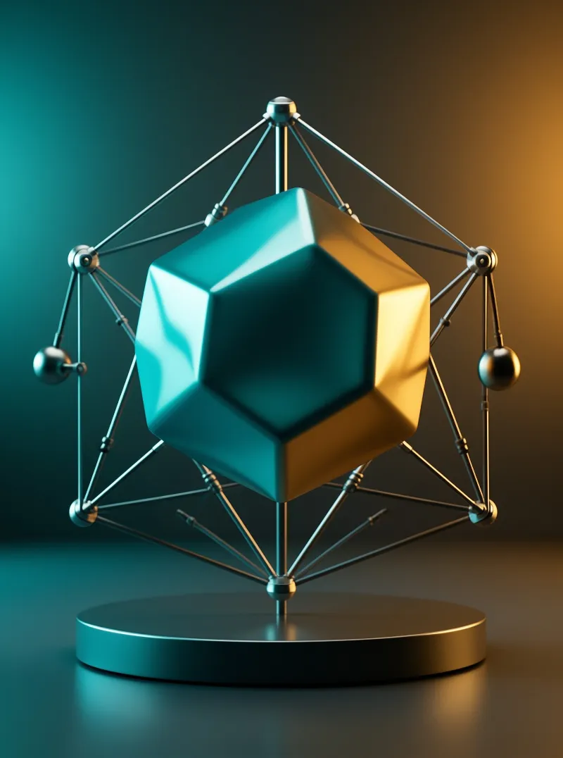 A faceted teal and gold polyhedron rests in a wireframe cage on a dark round stand, lit by cool teal and warm amber split light.