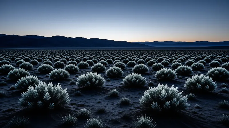 Wide view of sagebrush bushes glowing white in the blue hour across a dark desert plain and mountain range.