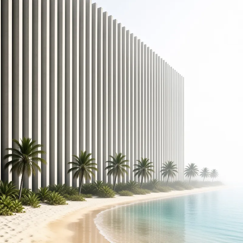 A row of tall grey concrete slabs stands behind palm trees on a sandy beach while fog rolls in over the water.
