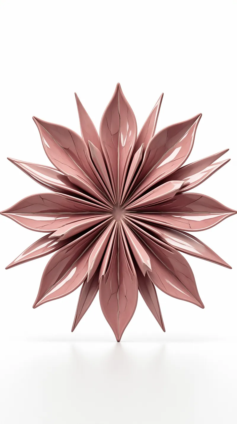 A symmetrical pinkish-brown flower sculpture with glossy petals stands centered on a seamless white studio surface.