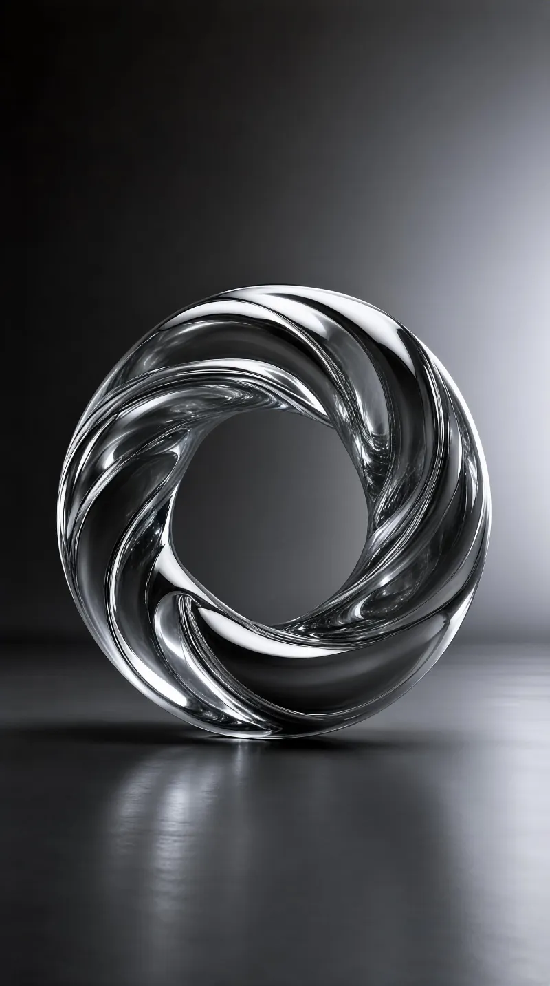 A glass sculpture with swirling curves sits on a dark reflective surface, lit by soft gradient light that highlights its smooth, shiny texture.
