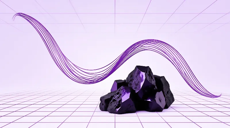 Dark violet gemstones sit on a lavender grid plane, with curving purple streaks arching behind them.