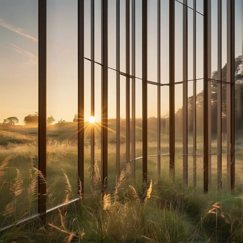 A modern glass building with vertical metal bars stands in a grassy field while the sun sets behind hills.