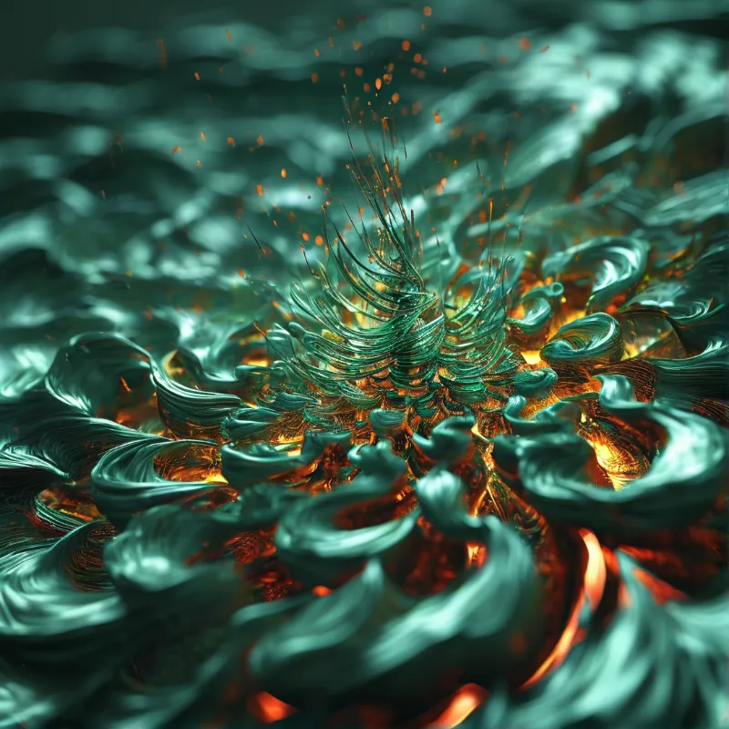 Flowing pattern of teal and gold liquid forms with sparkling particles suspended in turbulent motion