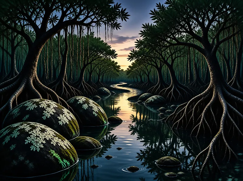 Gnarled buttress roots arch over motionless water that mirrors a narrow sky lit by the last light of dusk.