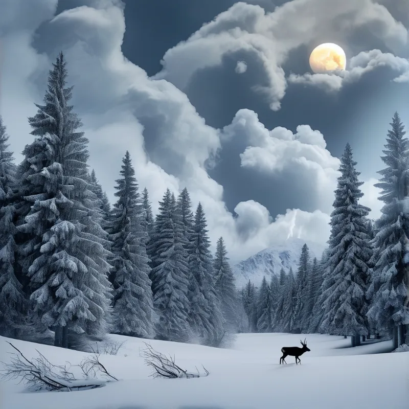 A dark deer stands on white snow surrounded by snow-covered pine trees with a large moon visible in the cloudy sky.