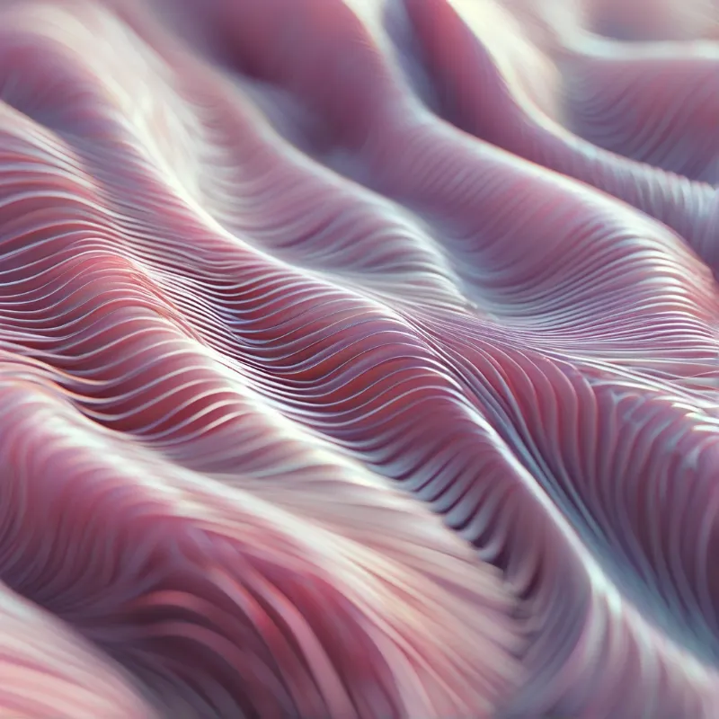 Flowing layers of pink and purple create a textured landscape resembling wind sculpted sand dunes under diffuse light.