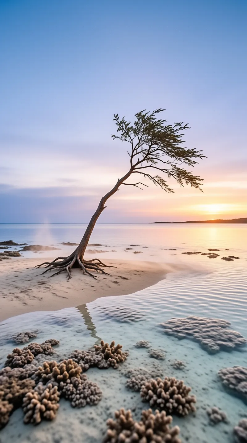 A wind-sculpted tree stands on a sandy shore with exposed roots near shallow turquoise water and brown coral formations under a warm sunset sky.