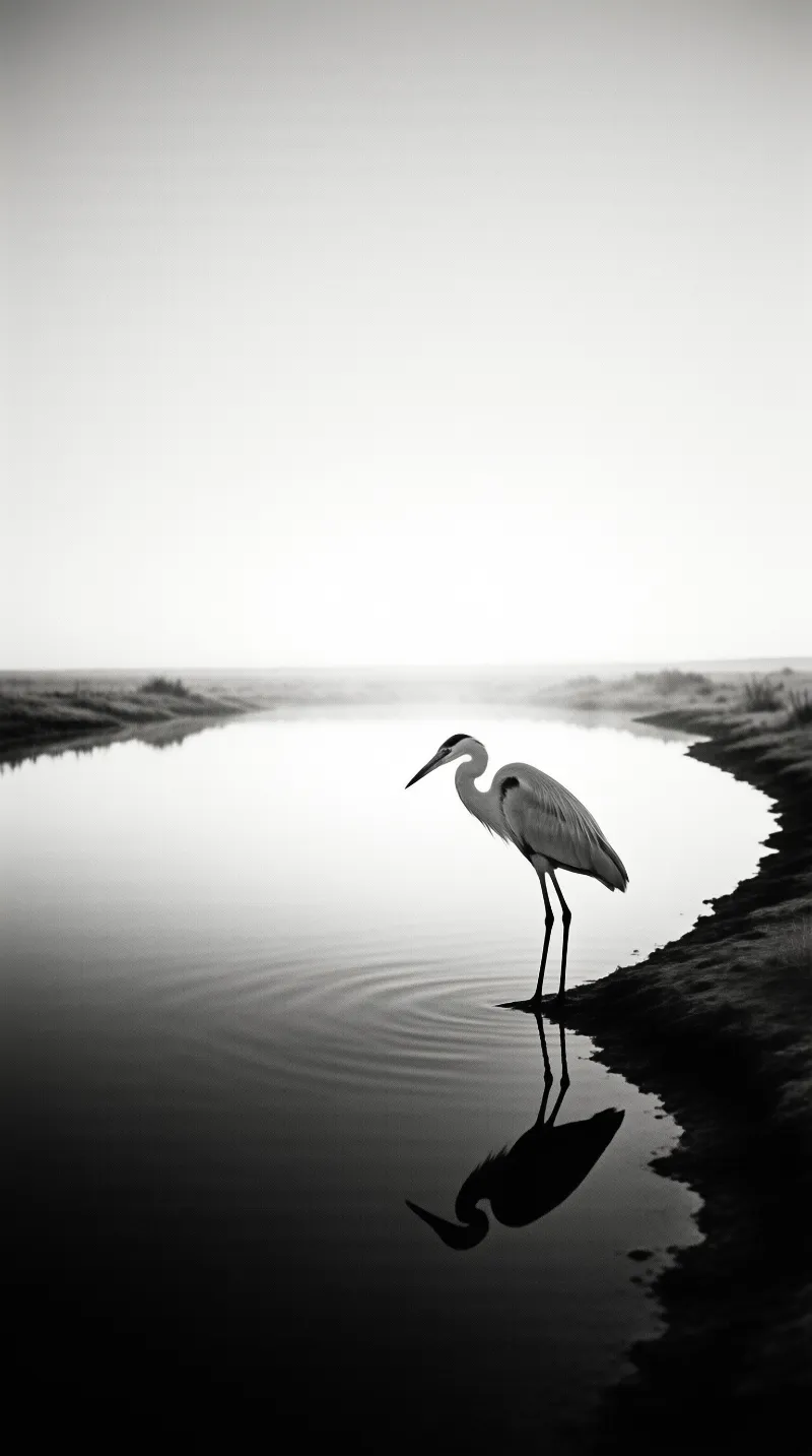 A grey heron stands in shallow water near a bank with its reflection visible below.
