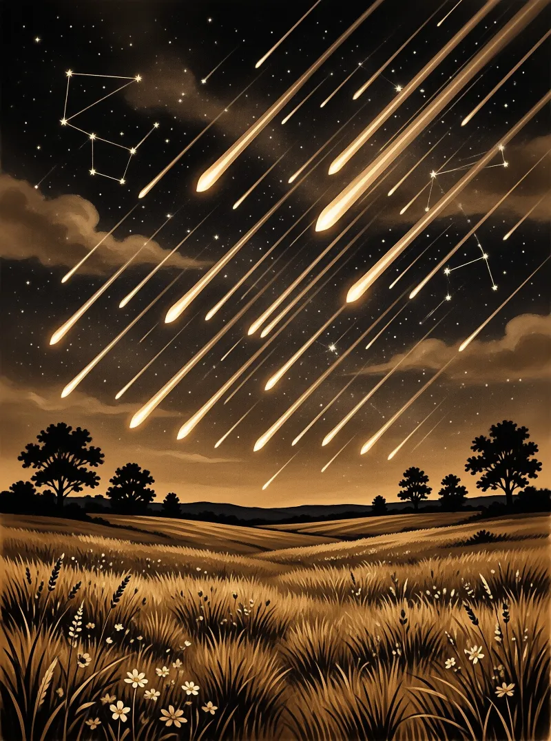 Glowing meteors streak across a warm brown night sky above a grassy field, with constellations traced in thin lines.
