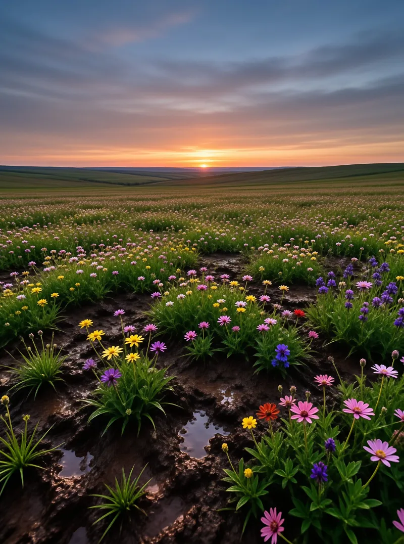 Sunset Over a Wildflower Meadow