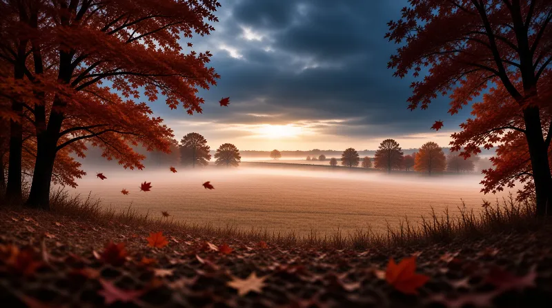 Two large trees with red leaves frame a view of a misty golden field and a bright sun rising through dark clouds.