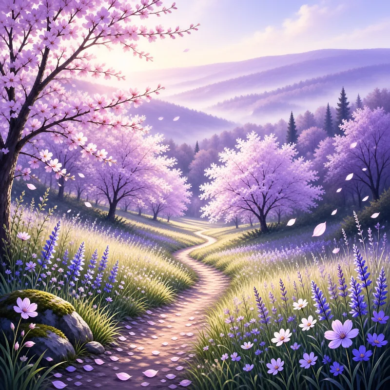 A dirt trail curves through a field of purple wildflowers and pink cherry trees under soft morning light.