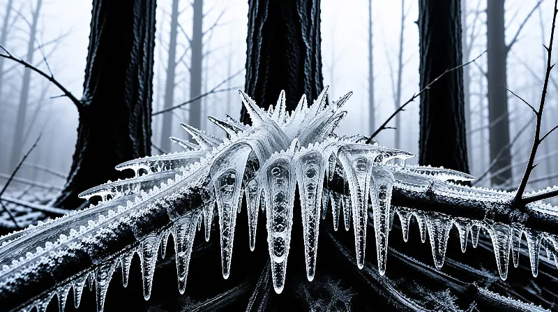 A thick branch encased in jagged ice crystals hangs in a misty winter forest with blue tonal lighting.
