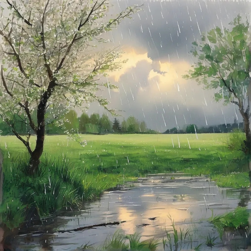 A blossoming tree stands beside a wet meadow under a stormy sky where sunlight breaks through the rain clouds