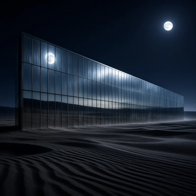 A massive paneled wall looms over sandy dunes, capturing the lunar glow and starless sky in its dark facade.