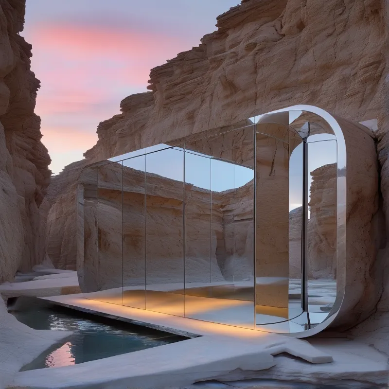 Curved glass architecture nestled into sandstone cliffs reflecting the twilight sky.