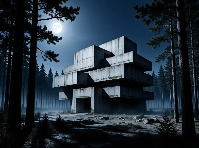 A weathered concrete building stands among tall pine trees under a bright full moon during a misty night.