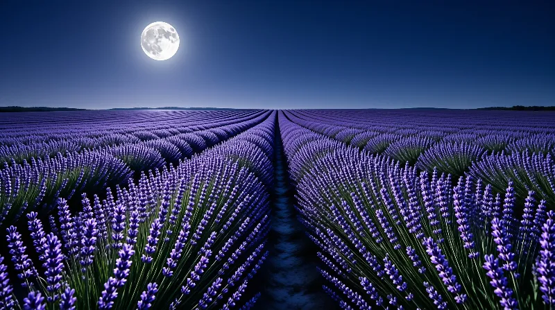 Endless rows of purple lavender stretch to the horizon beneath a bright moon in a deep blue night sky