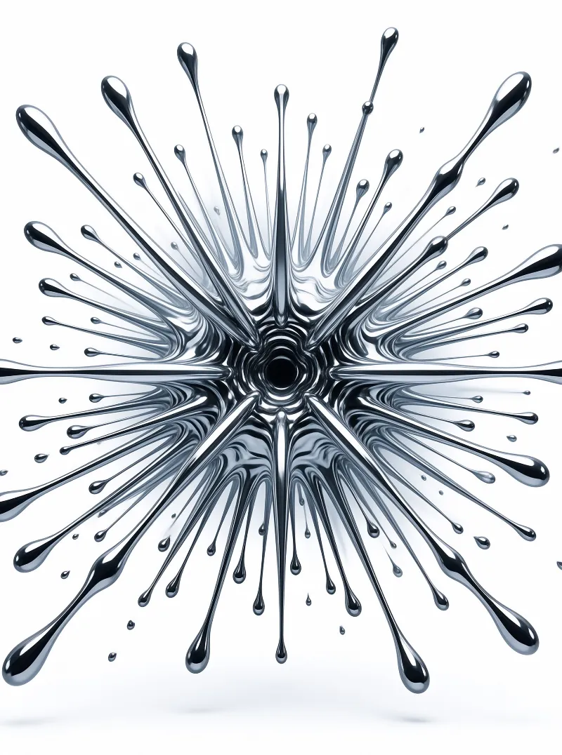 A symmetrical splash of liquid silver metal shoots outward from a dark central core against a white surface.