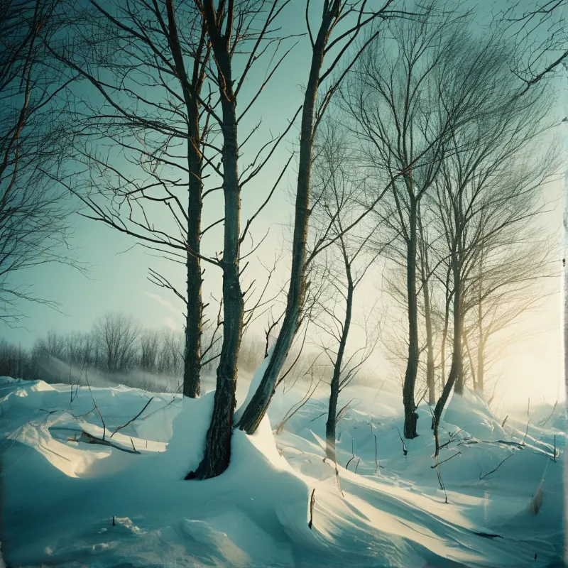 Leafless trees stand in a snowy field with bright sunlight shining through the branches on the right.