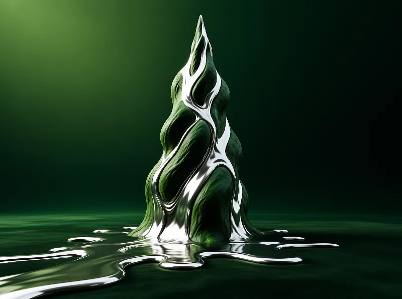 A twisted abstract structure made of green and silver liquid metal stands upright on a shiny dark surface.