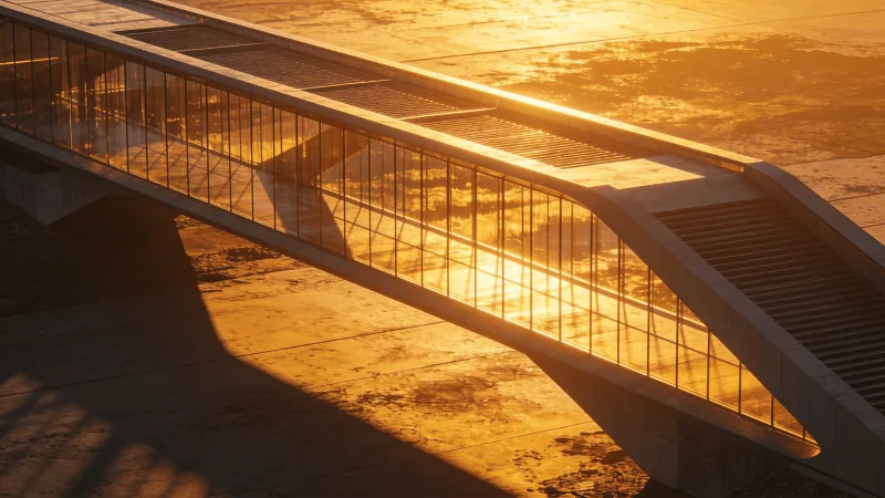 Bridge with Glass Curtain Wall — Golden Sunset