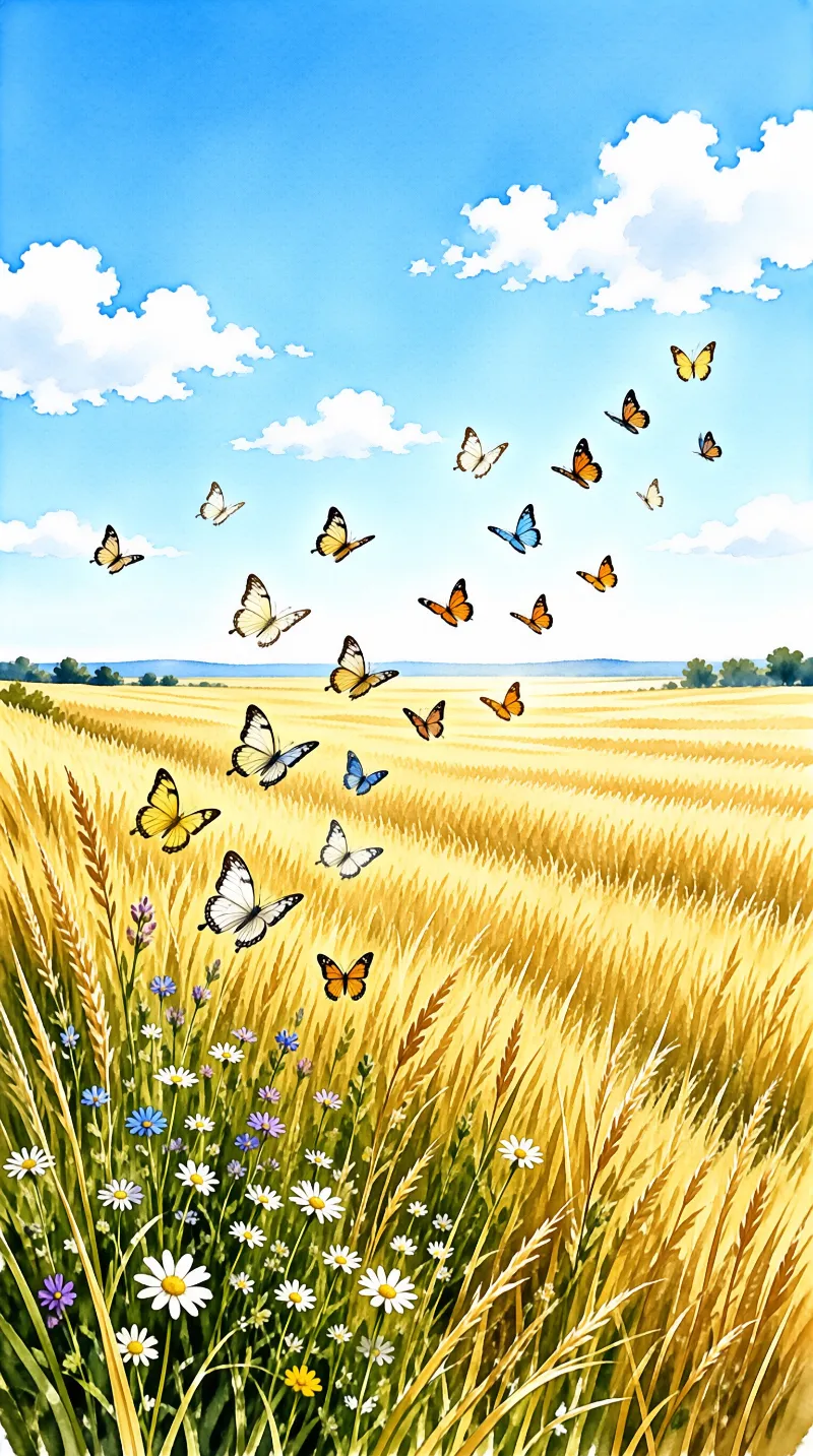 A vibrant watercolor illustration depicts a swarm of multicolored butterflies flying diagonally upward through a blue sky dotted with white clouds above a vast field of ripe yellow wheat and foreground wildflowers including white daisies and blue blossoms.