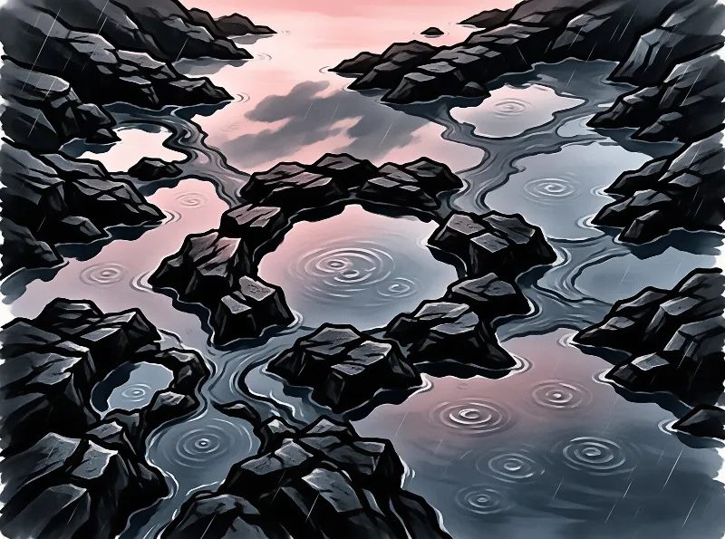 Dark jagged rocks form a ring in shallow water with concentric raindrop ripples and a pink cloudy sky reflection