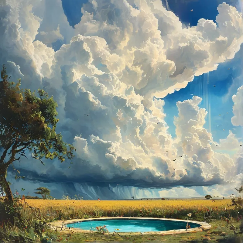 A turquoise pool sits in a golden meadow beneath a massive towering white cumulonimbus cloud with rain on the horizon.