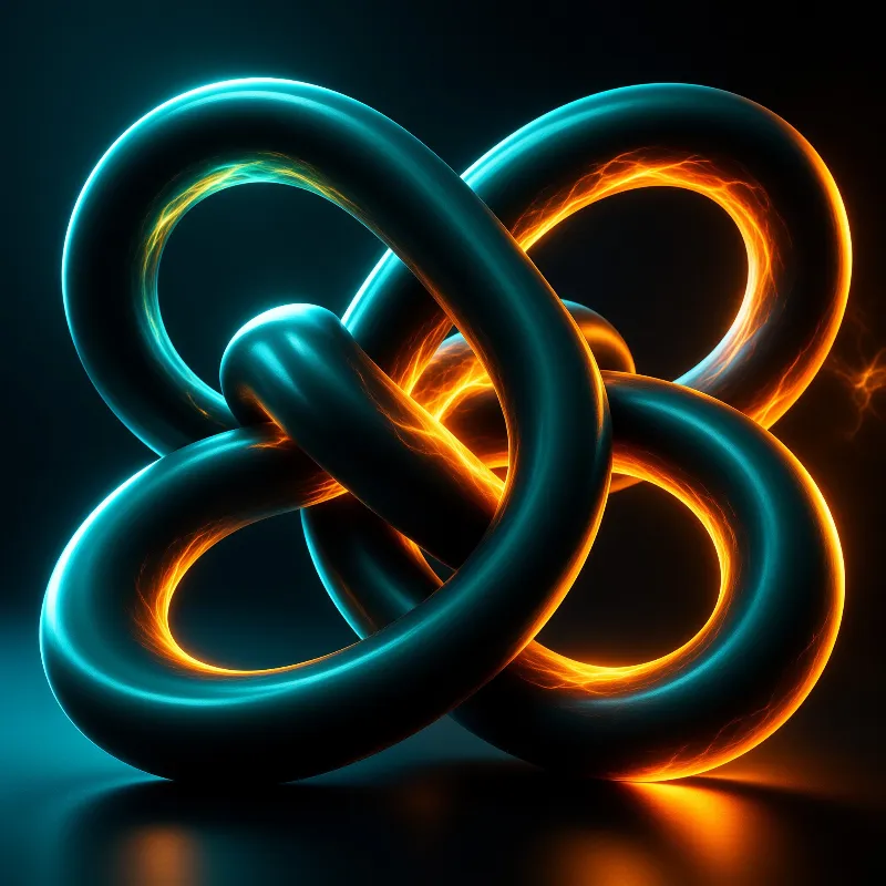Glossy teal rings interlock into a knot, their inner edges glowing orange against a dark backdrop.