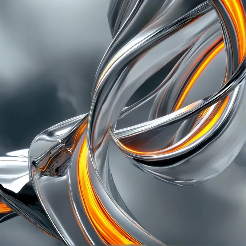 Shiny twisted chrome curving against a muted dark grey background accented by bright orange glowing lines tracing its edges.