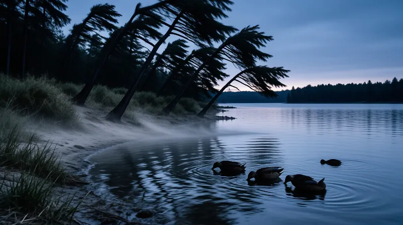 Several ducks glide across a calm lake as mist rises from the shore where bent pine trees lean over the water at twilight