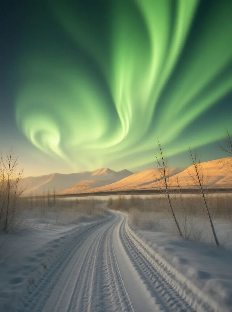 Aurora Over Snowy Road