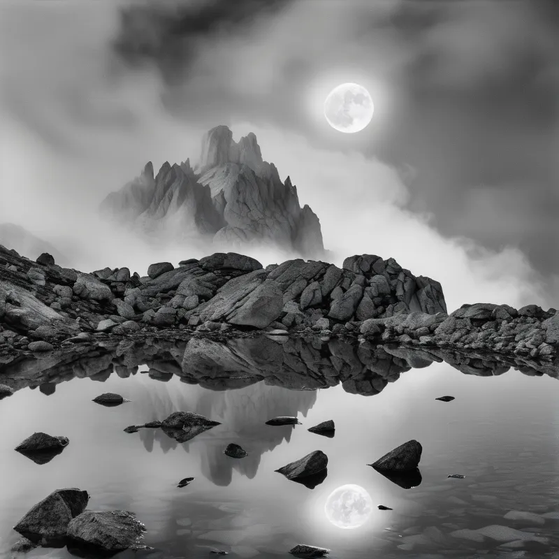 A luminous moon hangs above jagged granite summits emerging from mist with a rocky shoreline mirrored below.
