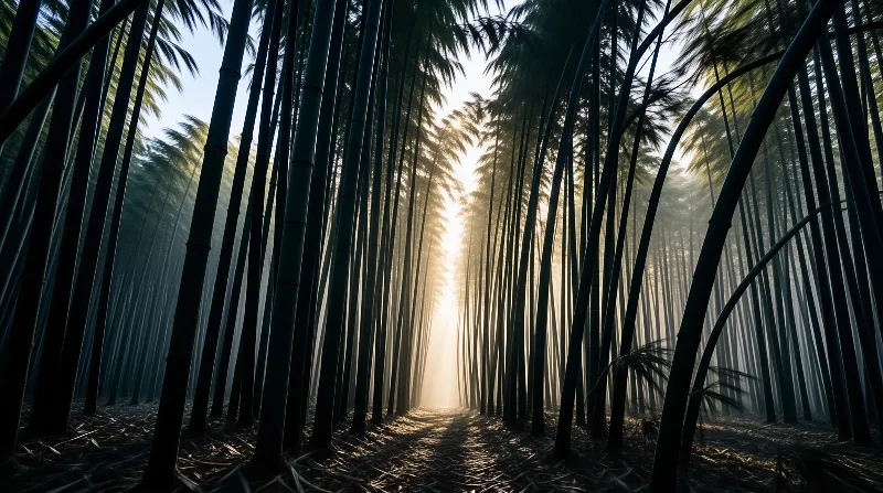 Tall dark bamboo stalks form a corridor as bright sunbeams cut through mist to light the forest floor.