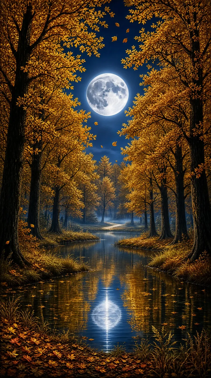 Full Moon Over Autumn Forest River